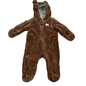 Unisex Brown Bear Fleece Outerwear, Bunting, One-Piece, Hooded Romper 6-9 Mos.
